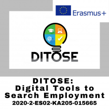 Imagen Logo DITOSE bombilla y herramientas y texto: DITOSE: Digital Tools to Search Employment 2020-2-ES02-KA205-015665