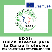 Logo UDDI Texto: UDDI, Unión Diversa para la Danza Inclusiva 2020-1-ES02-KA227-YOU-016696